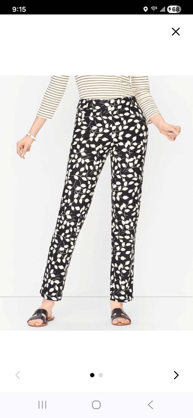 Talbots Hampshire Ankle Pant  Black With Abstract  White Leaf Print Trousers. 8P